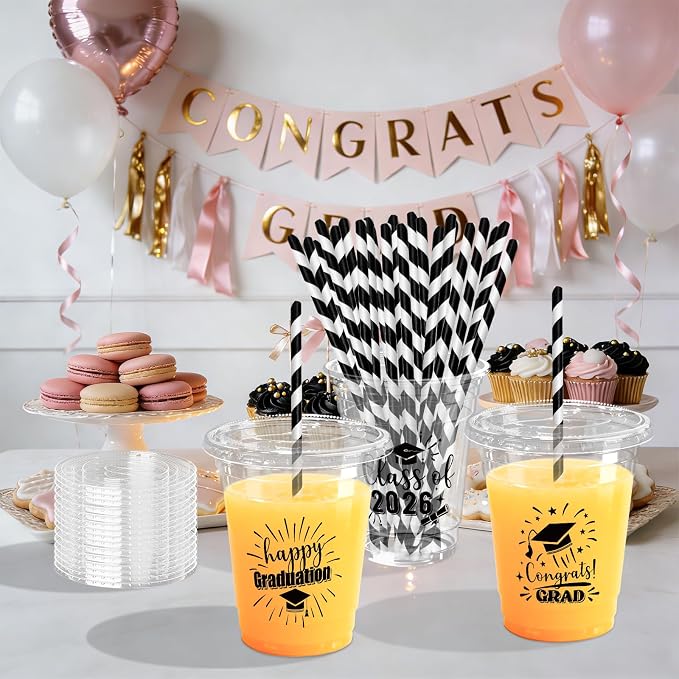 50 Pack Graduation Plastic Cups with Lids Straws 12 oz Black Disposable Class of 2026 Decorations Graduation Party Favor Drinking Beverage Cup for Party Supplies Decorations