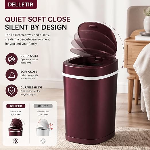 Smart Trash Can, Motion Sensor Trash Can with Lid, 15L Touchless Automatic Garbage Can for Bathroom, Bedroom & Office, Stainless Steel, Quiet Soft-Close, Long Battery Life, Wine