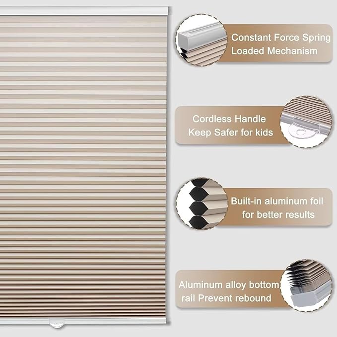MYshade Cordless Blackout Cellular Shades, 1.5" Honeycomb Window Blinds for Bedroom & Nursery, Thermal Insulated, Noise Reducing, Privacy Shades, Inside or Outside Mount (28" W x 64" H, Beige)