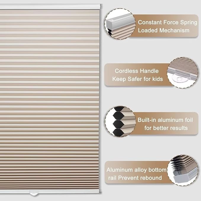 MYshade Cordless Blackout Cellular Shades, 1.5" Honeycomb Window Blinds for Bedroom & Nursery, Thermal Insulated, Noise Reducing, Privacy Shades, Inside or Outside Mount (50" W x 72" H, Beige)