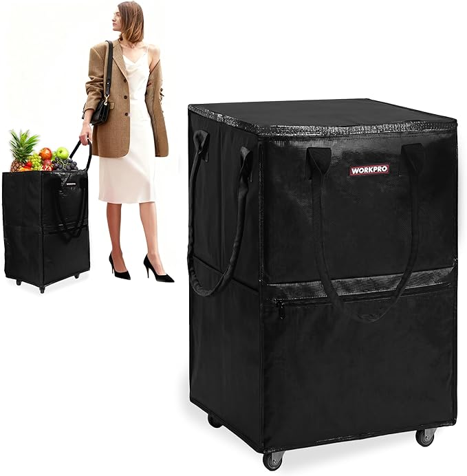 WORKPRO Medium Reusable Grocery Bag on Wheels, Heavy Duty Rolling Shopping Tote with Handle, Folding Trolley on 4 Caster Wheels for Groceries, Laundry, Camping, Moving