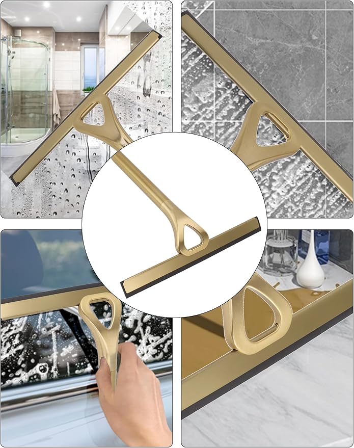 Stainless Steel Shower Squeegee with Hook, All-Purpose 8.9-Inch Window Squeegee for Bathroom Glass Doors, Mirrors, Tile Walls, Car , Streak-Free Tool