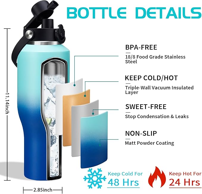 40oz Metal Water-Bottle with Straw - Fits Cup Holder, Insulated Water Bottles with Carrier Strap Bag & Boot, 40 oz Cup for Women & Men
