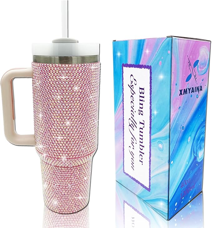 40oz Bling Tumbler with Handle and Straw Lid Rhinestone Studded Tumbler Cups Vacuum Insulated Stainless Steel Double Wall Water Bottle Travel Mug Gifts for Women Her (Light Rose)