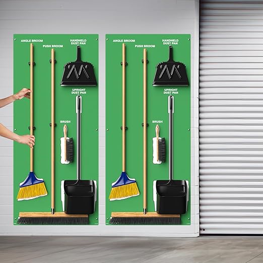 Clean & Sweep 5S Shadow Board/Wall Mount Broom Holder, 68" x 30" Board, 5S Cleaning Station - with Broom and Dustpan Set Included, Made in The USA by AccuformNMC, Green/White, PSB616GNWT