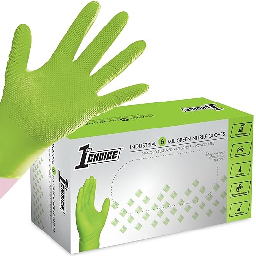 1st Choice 6 mil Green Gloves, Disposable, Latex Free, Raised Diamond Grip, Mechanic Glove for Men, XXLarge, 1 Box of 100