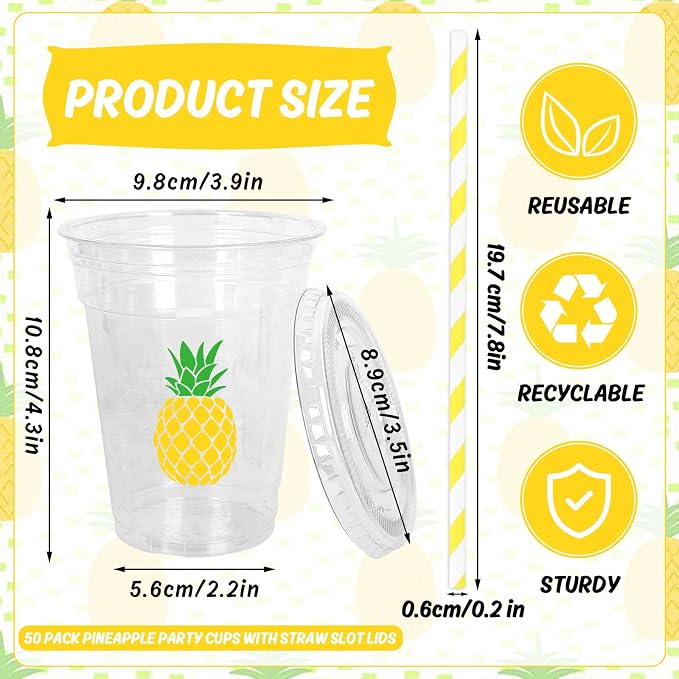 Whaline 50Pcs Pineapple Disposable Plastic Cups with Lids and Straws 12 Oz Tropical Fruit Cold Beverage Drinking Cups for Summer Hawaiian Birthday Party