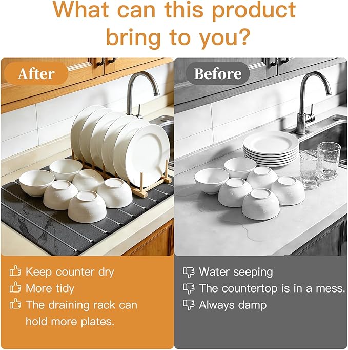 Stone Dish Drying Mat for Kitchen - Grey Kitchen Counter Mats Quick Dry for Dishes Cups - Foldable Super Absorbent Diatomaceous Earth Drying Coasters Multi-Purpose (24"×16"/ 8"x4")