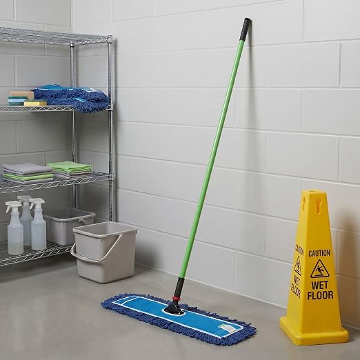 Restaurantware-Clean Tek Professional 24.02 x 5 Inch Dry Floor Mop, 1 Reusable Dust Mop - 64-Inch Handle, Secure Attachment, Blue Cotton-Poly, Machine Washable, for Cleaning Home Or Office