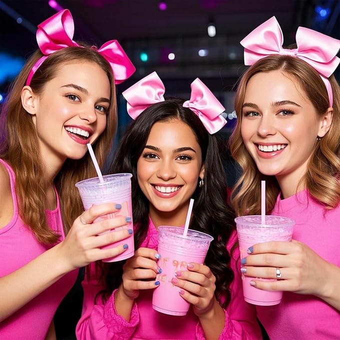 150 Pack Pink Bow Party Plastic Cups 12 oz Coquette Bow Disposable Drinking Cups for Bachelorette Bridal Shower Birthday Party Decorations