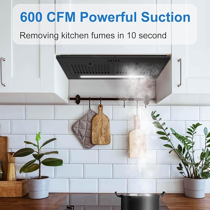 JOEAONZ Range Hood Insert 30 inch, 600 CFM Built-in Kitchen Exhaust Fan Matte Black Stainless Steel, Long Led Light Push Button Vent Hood with Baffle Filter, Kitchen Hood Ducted/Ductless Convertible
