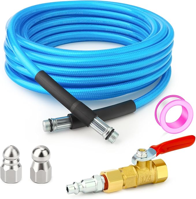 GASHER 23feet Home Dryer Vent Duct Cleaning Kit, 2 Jetter Nozzle, 1/4" NPT Ball Valve, 1/4" NPT Air Plug, 1/4"NPT Reducer Adapter