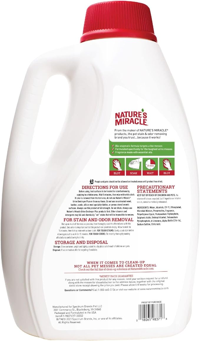 Nature’s Miracle Urine Destroyer Plus for Dogs, Enzymatic Formula Tough on Strong Dog Urine And The Yellow Sticky Residue, 1 Gal