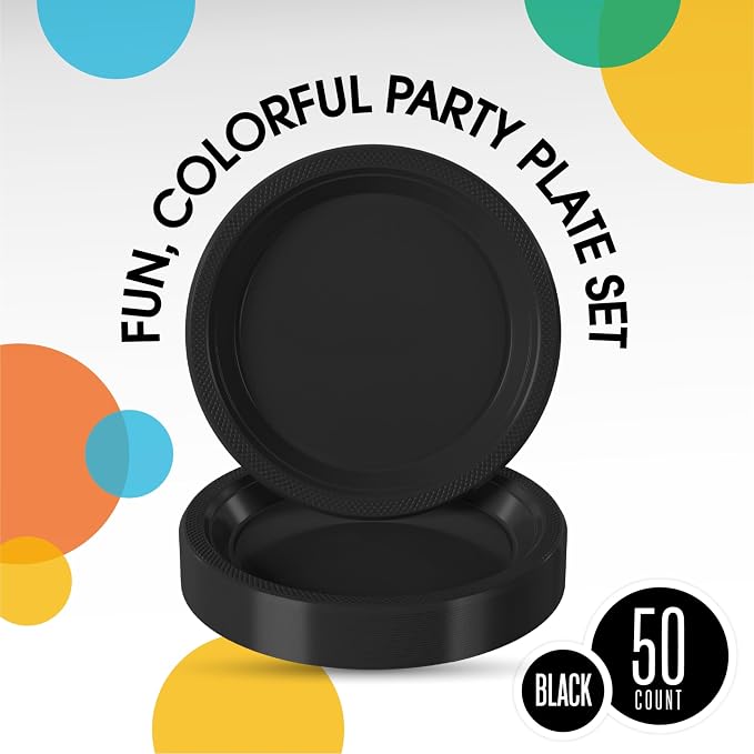 Exquisite Party Solids Black Plastic Plates For Party 9" Black Disposable Plates 50 Pcs Plastic Dinnerware Sets Heavy Duty 350 GSM Disposable Dinnerware Set