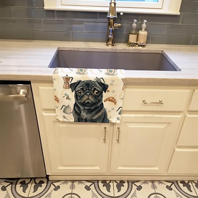 Caroline's Treasures Black Pug Coffee Bar Kitchen Towel Velour Plush Front and Cotton Loop Back Machine Washable
