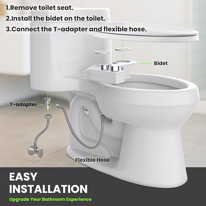 Toilet Bidet With Left/Right Side Reversible Design, Fresh Water, Non-Electric, Toilet Bidet Attachment, Right/Left Hand Side with Dual Nozzle, Self-Clean, Includes Extended Screws (Chrome)