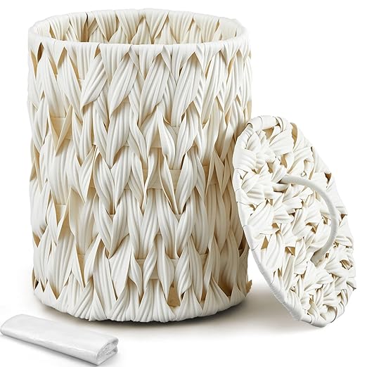 Ctosree 1.3 Gallons Small Trash Can with Lid Handle Boho Woven Braided Bathroom Waste Basket Trash Can with 100 Garbage Bags for Bedroom Office Laundry(Braided Polypropylene, Cream White)