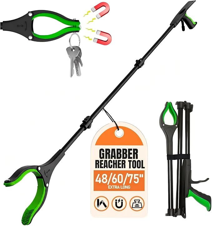 Extra Long Grabber Reacher Tool, 48" Aluminum Foldable Reacher Grabber, Dual Magnetic Tip, 2 in 1 Pickup Grabber w/Shoe Horn, Strong Upper Picker for Elderly, Surgery Recovery, Medical, Trash