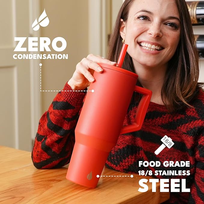 Elemental 40 oz Tumbler with Handle and Straw - Spill Proof Insulated Stainless Steel Commuter for Cold Beverages - Travel Coffee Mug with 2 Straws & Spill Proof Lid - 40oz - Red