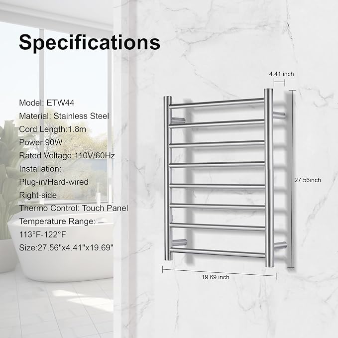 Towel Warmer Bathroom Wall Mounted Drying Rack Plug-in Electric Heated Towel Rack Stainless Steel (Brushed, 8 Bar)