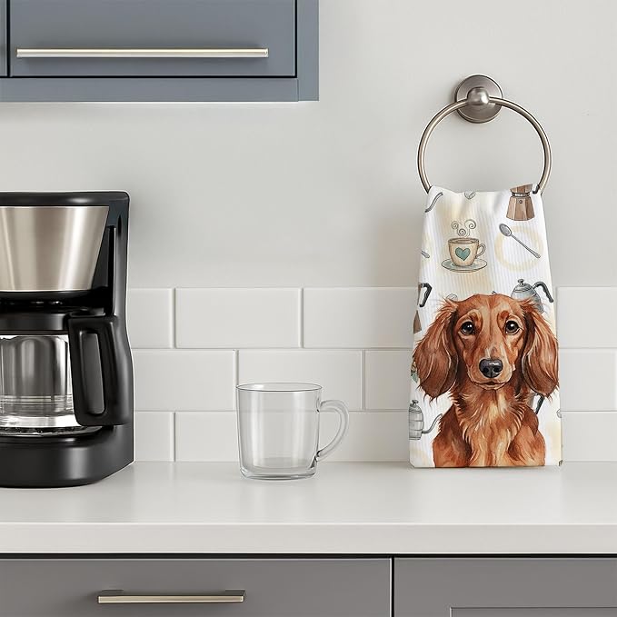 Caroline's Treasures Longhaired Red Dachshund Coffee Bar Kitchen Towel Velour Plush Front and Cotton Loop Back Machine Washable