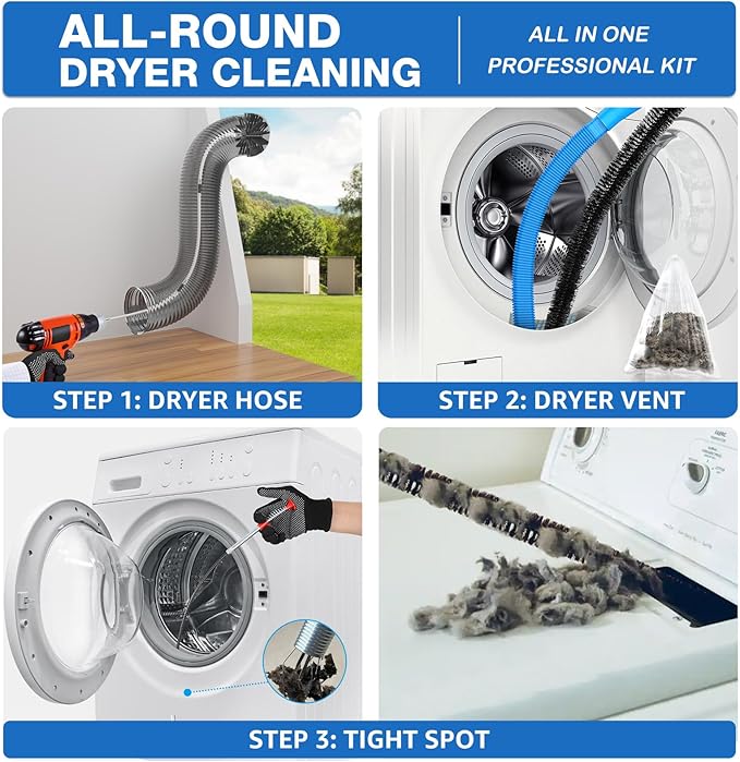 PetOde 32-Feet Dryer Vent Cleaner Kit, Dryer Vent Cleaning Kit Lint Remover with Dryer Vent Brush, Vacuum Hose Attachment Cleaning Tools, Flexible Lint Trap Brush, Vacuum & Dryer Adapters
