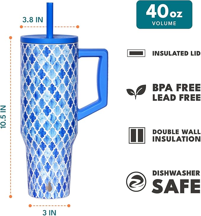 Elemental 40 oz Tumbler with Handle and Straw - Spill Proof Insulated Stainless Steel Commuter for Cold Beverages - Travel Coffee Mug with 2 Straws & Spill Proof Lid - 40oz - Blue Tile