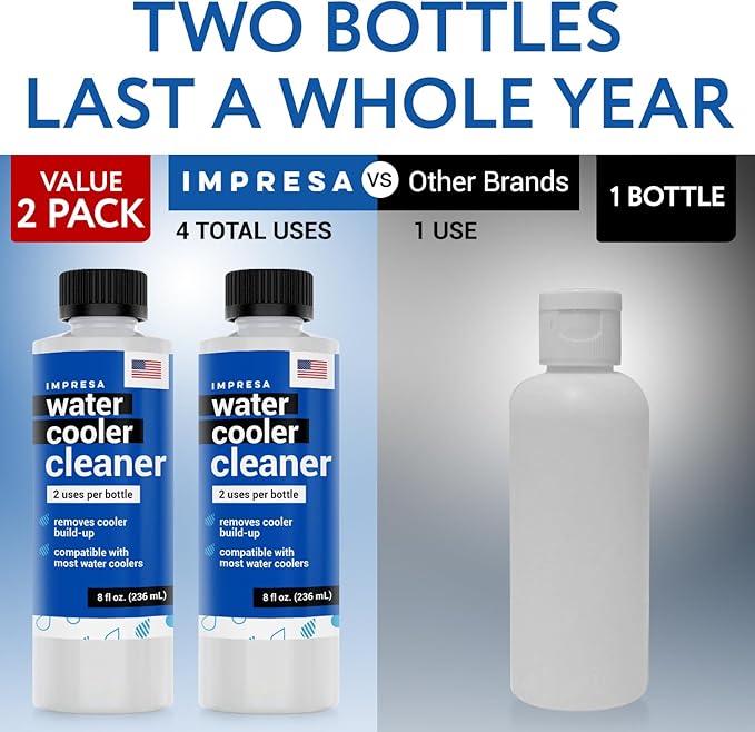 IMPRESA Water Dispenser Cleanser & Cooler Cleaner & Descaler - 2 x 8 Fl Oz - Top & Bottom Loading Water Coolers & Dispensers - Active Cleaning Solution for Reservoir Cleaning & Buildup Removal