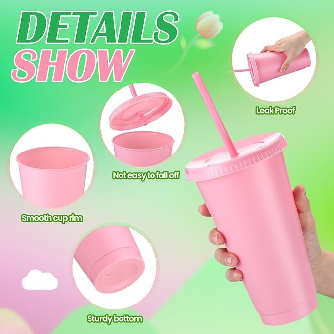 Honeydak 30 Pack Tumbler with Straw and Lid Bulk Cups for Gifts Water Bottle Iced Coffee Travel Mug Cup Reusable Plastic Tumblers for Party Birthdays 24-27 oz (Pink and Green Color)