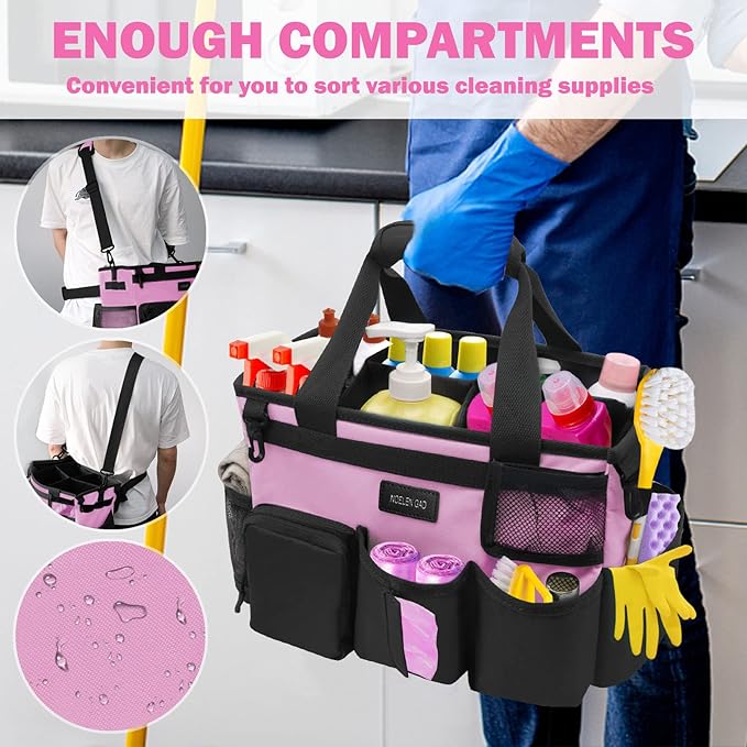 Wearable Cleaning Caddy Bag,Cleaning Supply Tote for Cleaning Supplies, Cleaning Organizer with Adjustable Shoulder and Waist Straps for Cleaners & Housekeepers (Pink, Large)
