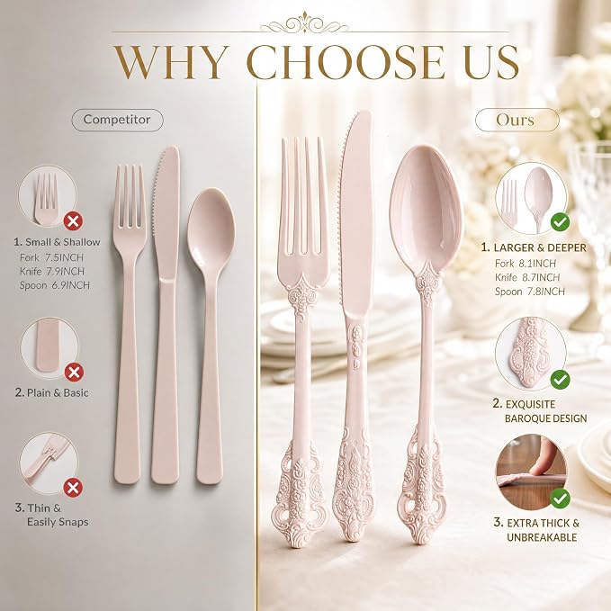 WDF 120 Pieces Heavy Duty Pink Plastic Cutlery Set - Disposable Utensils - Disposable Flatware Includes 40 Forks, 40 Spoons, 40 Knives for Party Baby Shower Wedding Spring