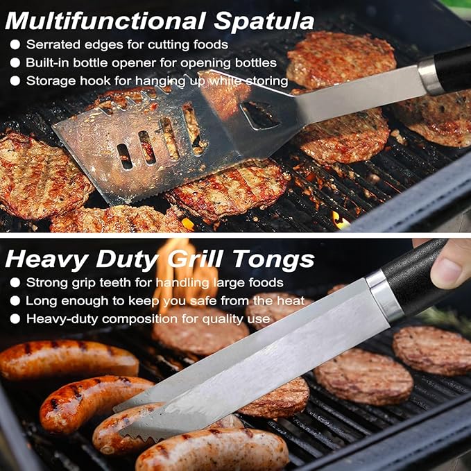 POLIGO 22 PCS BBQ Grill Accessories Set in Aluminum Case Bundle with 2 Different Types Safe Grill Brush and Scraper for All Barbecue Grills - Ideal Birthday Christmas BBQ Set Gifts for Men Dad