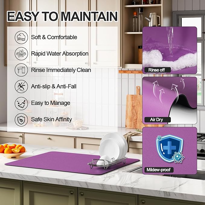 Ecotrim - Dish Drying Mat for Kitchen Counter | Coffee Bar Mat for Countertops | Heat Resistant Drainer Mat with Non-slip Rubber Backed | Hide Stain Kitchen Absorbent Draining Mat | Purple 18"x28"