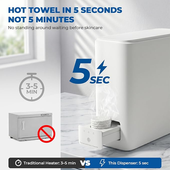 Hot Towel Dispenser for Face - Auto Hot Face Towel Machine with 20 Compressed Towels, Instant 5s Heating at 131°F Constant Temperature, Voice Prompt for Home Spa & Makeup Removal