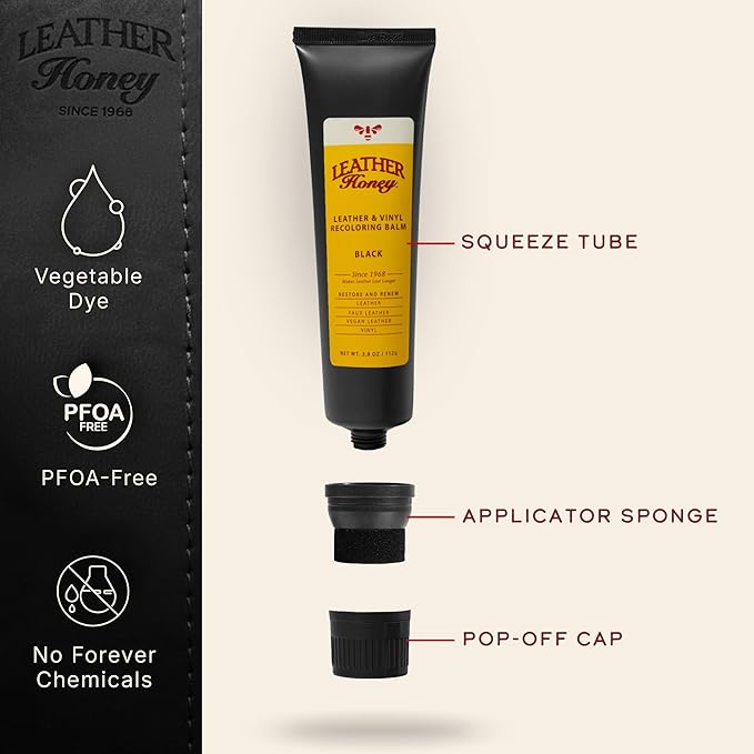 Leather Honey 8oz Conditioner, 16oz Spray Cleaner, and Black Recoloring Balm