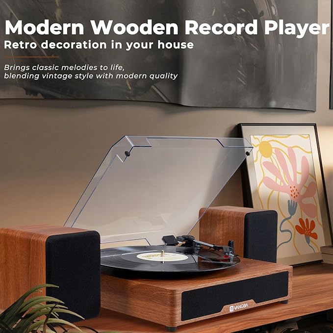 Vangoa Vinyl Record Player with Bookshelf Speakers Bluetooth Vintage Turntable for Vinyl Records Belt-Drive 3 Speed Portable LP Players Wooden Vinyl Players Auto Stop with Cleaning Kits, Brown