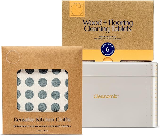 CLEANOMIC Reusable Kitchen Cloth, Wood and Flooring Tablets & Tablet Tin Bundle