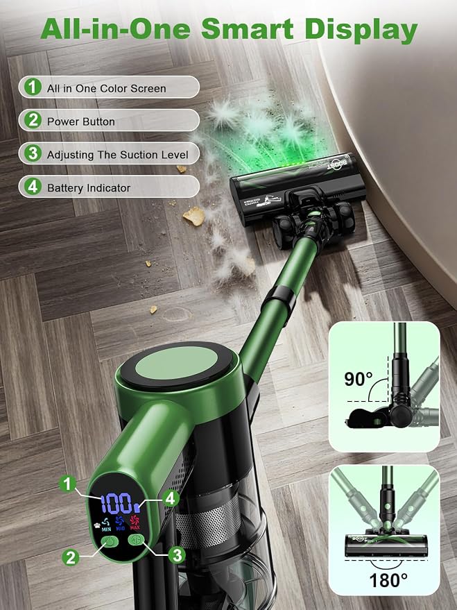 Cordless Vacuum Cleaner, 10 in 1 Vacuum Cleaners for Home, Ultra-Long Runtime Stick Vacuum with Self-Standing & LED Display, Anti-Tangle & Wall Mount Charging