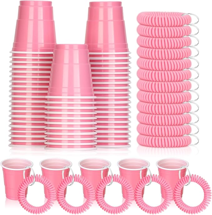 50 Pcs Pink Shot Cups with Wristband for Party 2oz Plastic Shot Glasses Disposable Mini Shot Glasses Bulk with Wrist Coil 2oz Solo Cups for Festival Birthday Favor Wedding Bachelorette Party Supplies