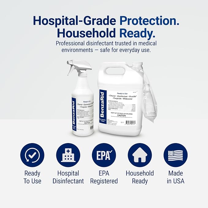 BenzaRid Hospital Disinfectant Sanitizer & Virucide | Kills 99.99% of COVID-19, Avian Flu H1N1,H1N2, H5N1, SARS, Bloodborne Pathogens, Staph, Bacteria & Mold | EPA Reg. | Child & Pet Safe 1 Gal