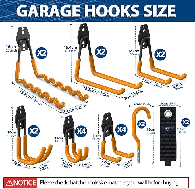 3-H Garage Wall Hooks 20 Pack,Garage Hooks Heavy Duty,Garage Storage Hooks for Hanging and Organizing Garden,Lawn,Yard Tools,Chairs,Ladders,Weed Eater,Shovel,Blower(Orange)