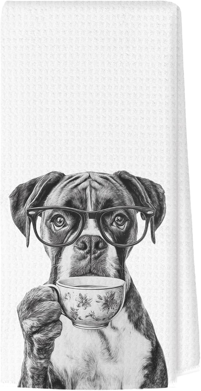 Funny Boxer Kitchen Towels, Dog Kitchen Accessories, Dog Chef Gifts for Women Decorative Hand Towels for Kitchen Decor, Coffee Lovers Gifts Dish Tea Towel, 16x24 Inch