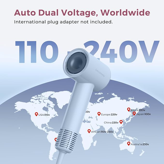 Dual Voltage Hair Dryer for Worldwide Travel, High-Speed Travel Hair Dryer for 5X Faster Drying, 200M Negative Ions, 0.69lb Portable Blow Dryer for Salon Results at Home & Abroad S4AT (Blue Dryer)
