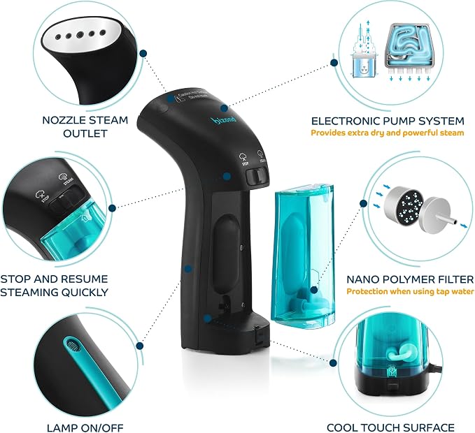 BIZOND Travel Steamer for Clothes - Portable, Handheld for Garment, Fabric and Curtain - No Spitting, Safe, 120V Only, Mini Steam Iron with Metal Plate - Compact Home Wrinkle Remover (Black)