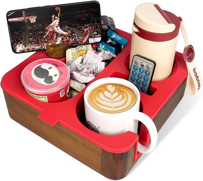 Couch Cup Holder Tray, Real Acacia Wooden Caddy with Soft Silicone, Snack and Drink Organizer- Perfect Movie Night Accessories for Bed, Remote and Cup Holders for Sofa (Red)