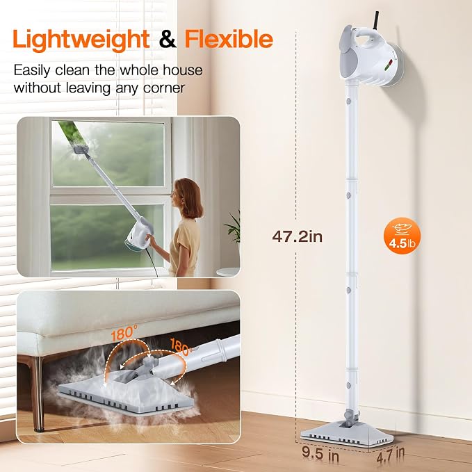 Steam Cleaner for Home, Steam Mop with Detachable Steamer, 320ml Water Tank, 10s Fast Heating, 10-in-1 Handheld Steamer for Cleaning Kitchen, Floor, Tiles, Window, BBQ Grill, Car