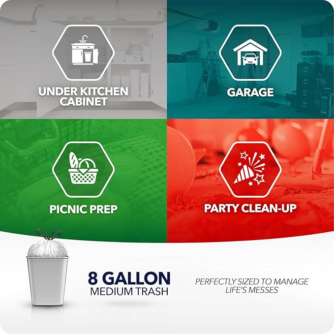 Color Scents Medium Trash Bags - 8 Gallon, 200 Total Bags (8 Packs of 25 Count), Drawstring - Silver Bag in Simply Clean Scent with Microban