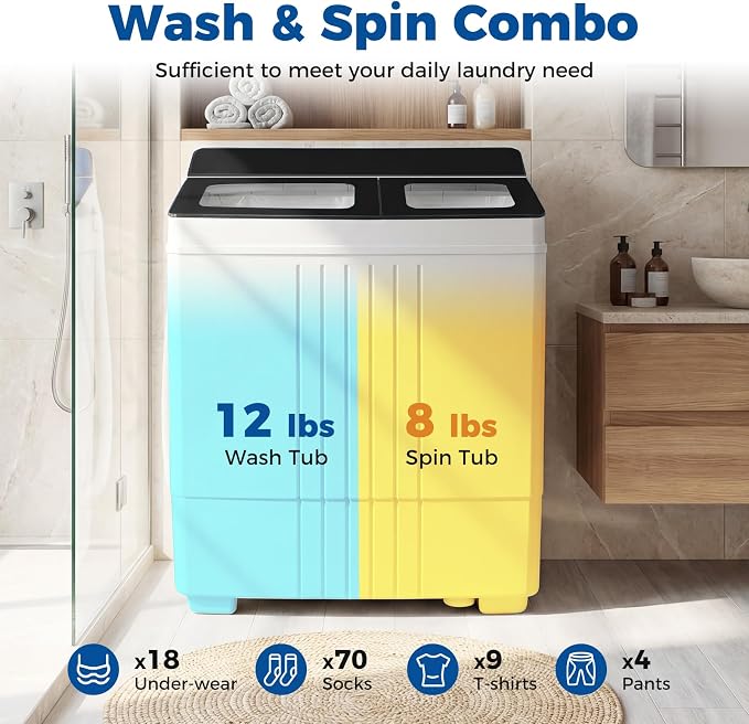 Giantex Portable Washing Machine, 20LBS Twin Tub Mini Compact Laundry Washer Spinner Combo with Drain Pump, 12Lbs Washer and 8Lbs Spinner for Apartments, RVs, Dorms, Black+White