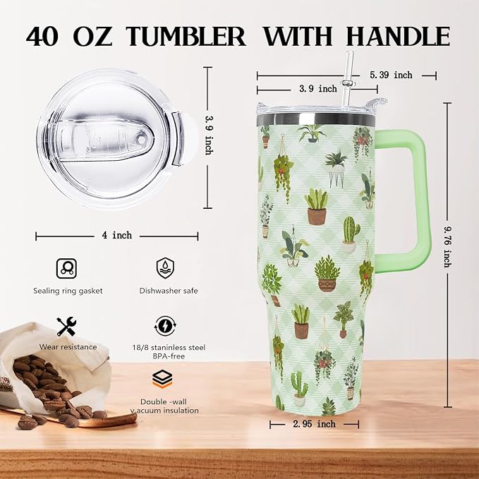 Ceovfoi 40oz Cactus Themed Insulated Tumbler with Handle, Coffee Mug Water Bottle with Lid Straw, Botanical Decor & Plant Enthusiast Gifts