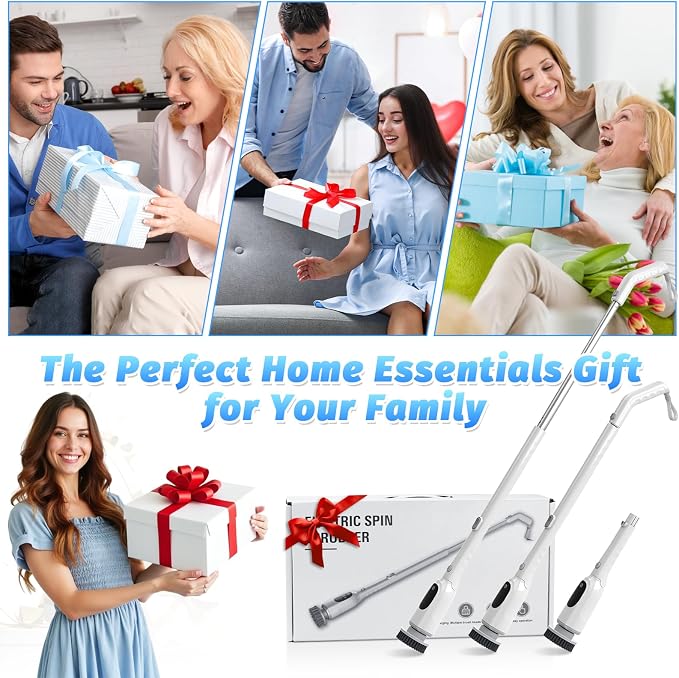 Electric Spin Scrubber, Cordless Shower Scrubber with Adjustable Long Handle, 3 Speeds with IPX7 Bathroom Scrubber, 8 Brush Heads, Electric Cleaning Brush for Bathroom/Kitchen/Bathtub/Crack/Floor/Tile